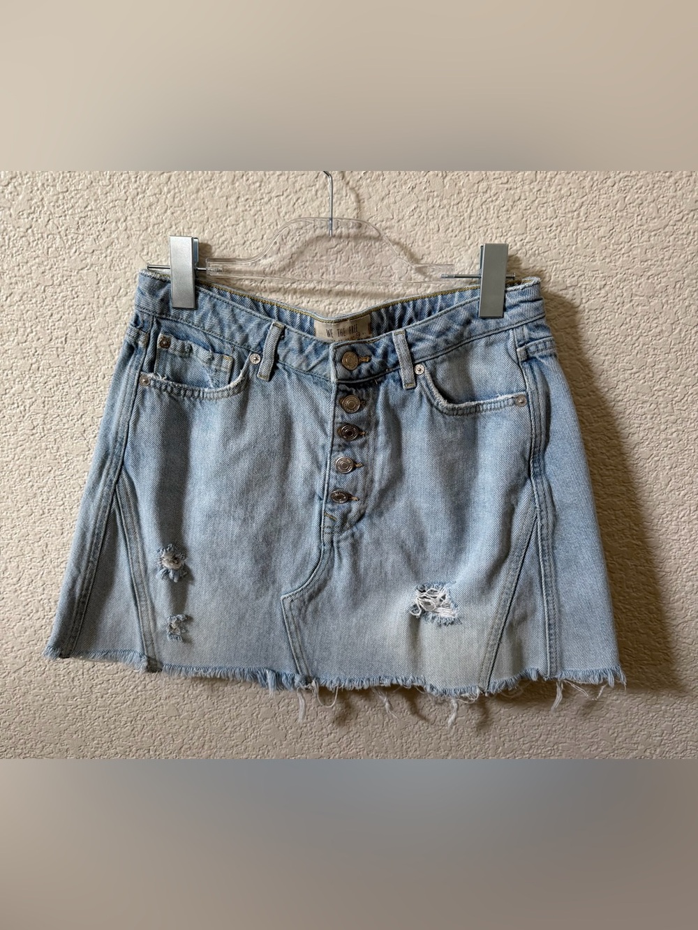 WE THE FREE (30) US Medium Distressed Denim Mini Skirt Boho Festival 100% Cotton